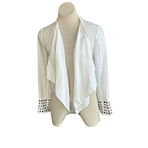 INC International Concepts White 100% Linen Studded Sleeve Waterfall Jacket - Picture 2 of 10